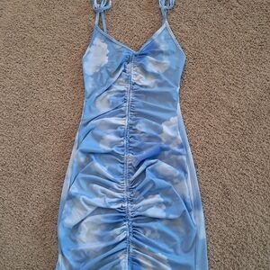 Sky Blue and White Bodycon, Mini Dress.